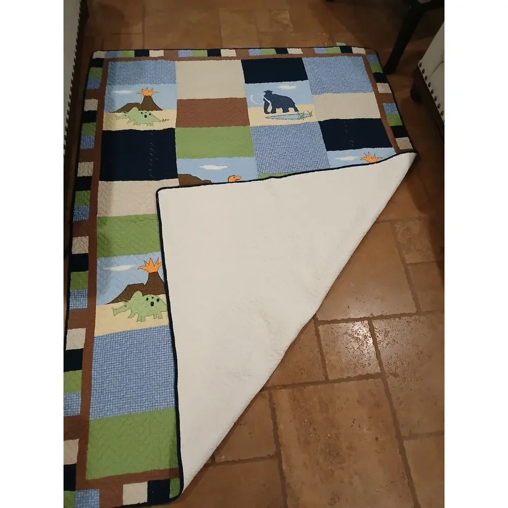 RARE Pottery Barn Dinosaur QUEEN Quilt Blanket Colorful Pop Art Patchwork Vintag